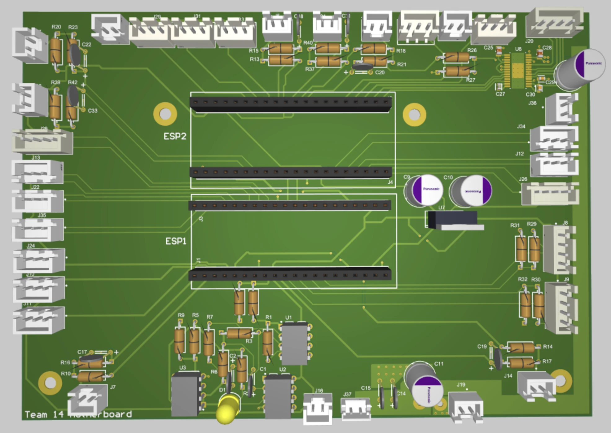 Three-dimensional render of the custom rover motherboard PCB