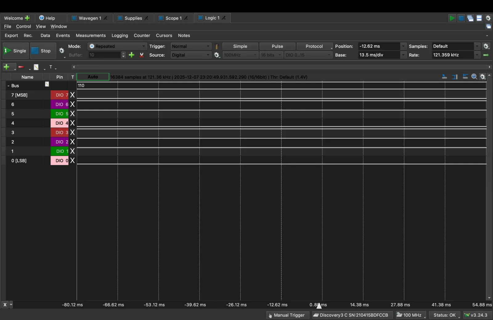 Logic analyzer showing a latched eight-bit motor speed count of 110